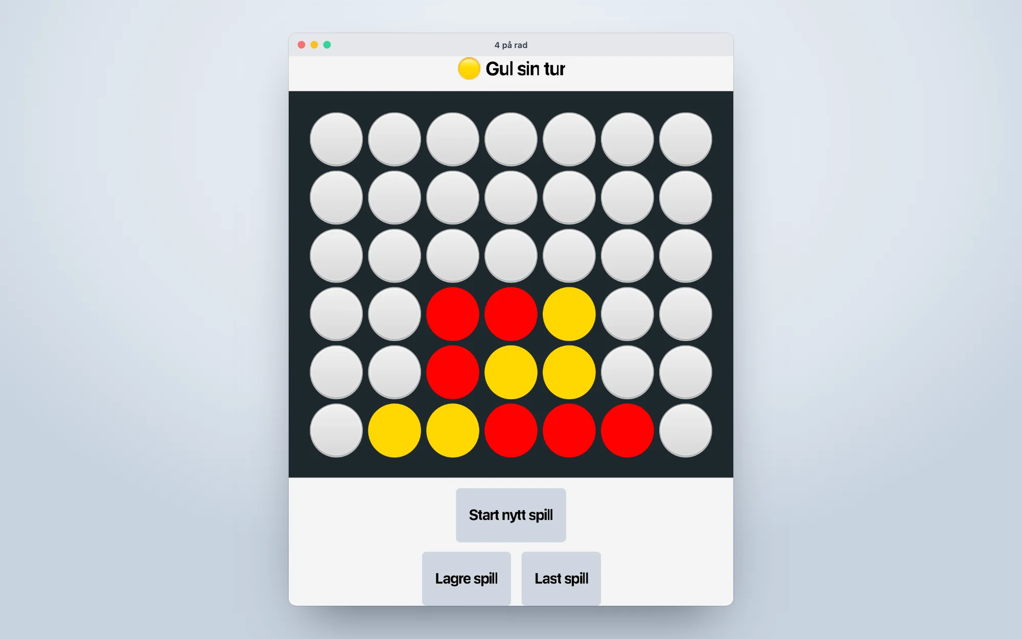 4 på rad i JavaFX: brettet med røde og gule brikker, «Gul sin tur» og knapper for nytt spill, lagre og last