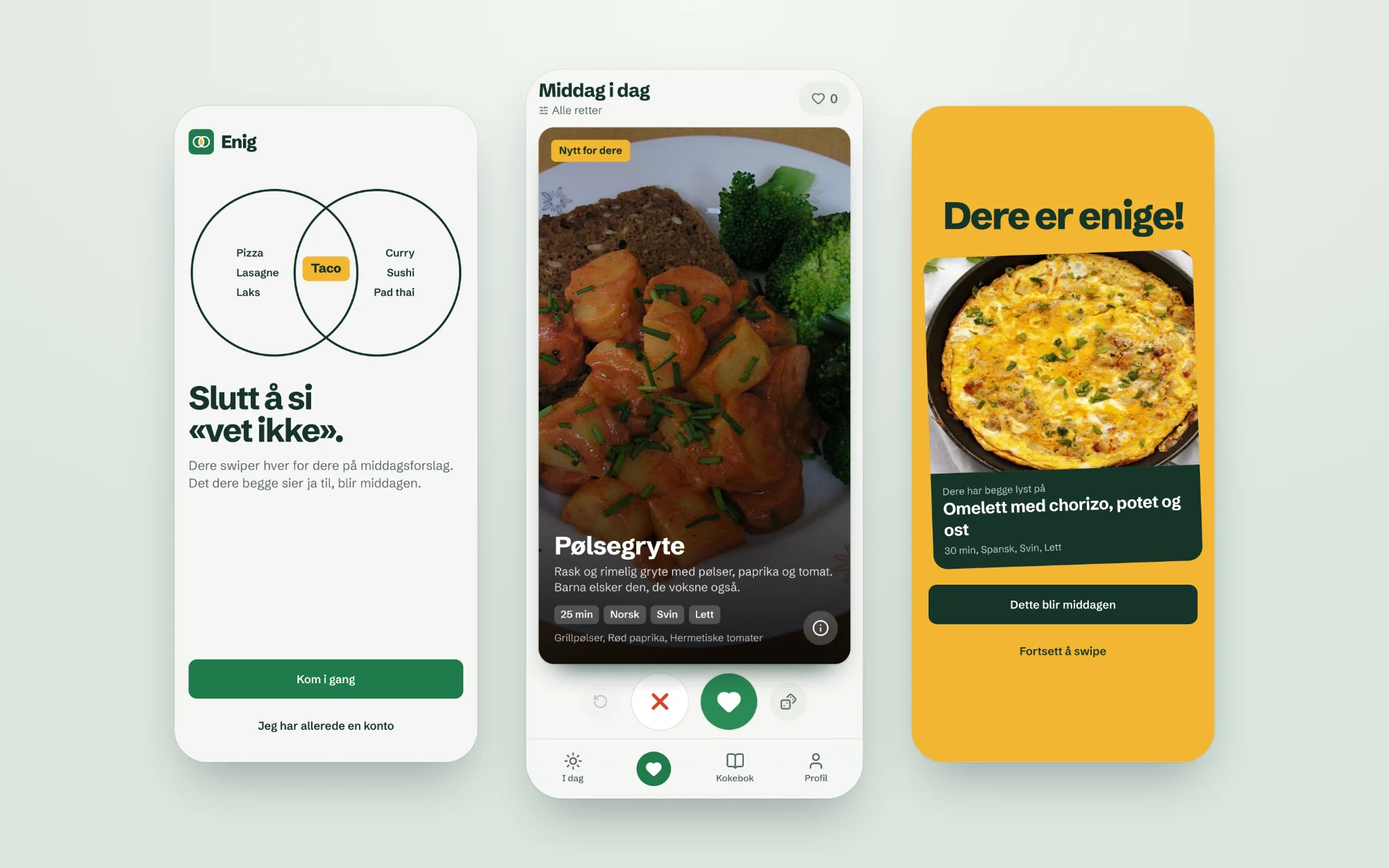 Tre skjermer fra Enig: forsiden «Slutt å si «vet ikke»», et middagskort å swipe på, og «Dere er enige!» når det blir match