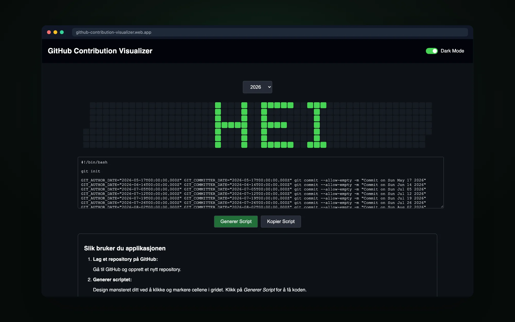 GitHub Contribution Visualizer i mørk modus: ordet «HEI» tegnet i bidragsgrafen og det genererte skriptet under