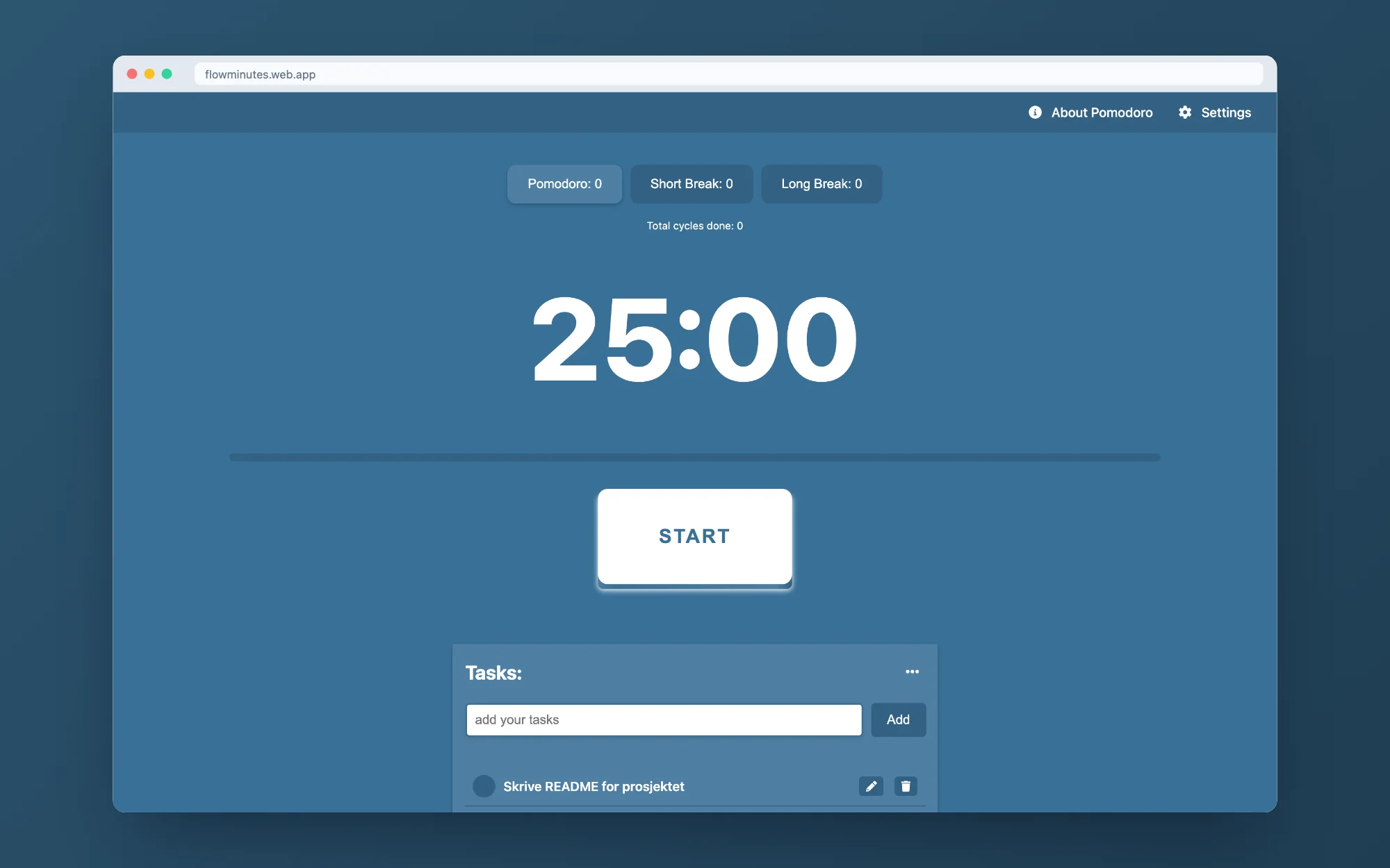 Pomodoro Timer med nedtelling fra 25:00, startknapp og oppgaveliste